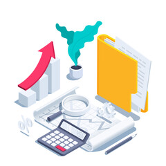 isometric vector illustration on a white background, a sheet with a graph and a calculator next to a folder and a chart with an arrow, work with data and analytics