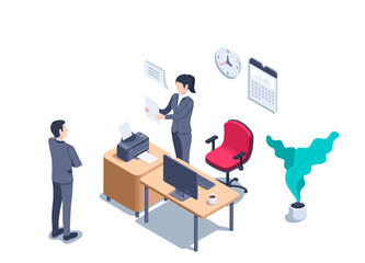 isometric vector illustration on a white background, people in business suits work in the office at their desktops, woman reading a report in front of her boss