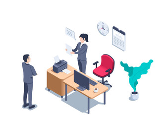Obraz premium isometric vector illustration on a white background, people in business suits work in the office at their desktops, woman reading a report in front of her boss