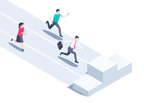 isometric vector illustration on a white background, people in business clothes run along the path to the pedestal, business competition or the path to success