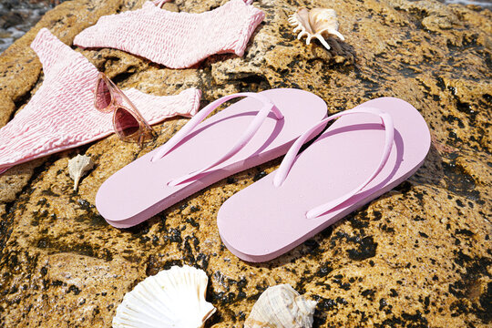 Pink flip-flops with swimsuit, sunglasses and shells on sea rock