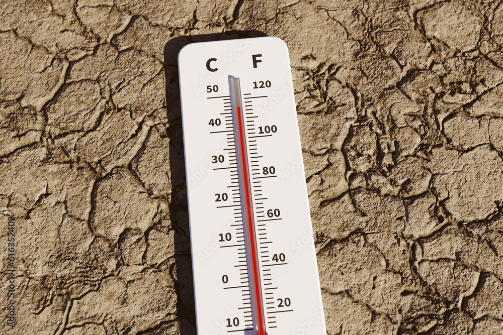 Poster thermometer showing high temperature in drought land due to abnormally high temperature, 3d renderin