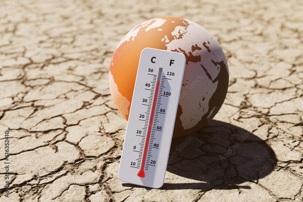 Poster concept image of the temperature rising due to the global abnormal high temperature phenomenon, 3d r