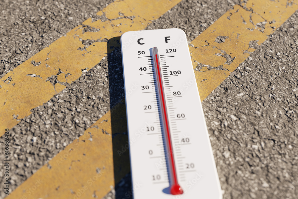 Poster concept image of a thermometer on asphalt showing high temperature, 3d rendering
