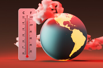 Earth experiencing extreme high temperatures and a thermometer showing high temperatures, 3d...