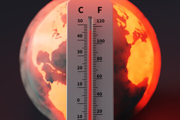 Earth experiencing extreme high temperatures and a thermometer showing high temperatures, 3d rendering - obrazy, fototapety, plakaty