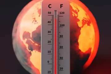 Fotobehang Earth experiencing extreme high temperatures and a thermometer showing high temperatures, 3d rendering © AddMeshCube