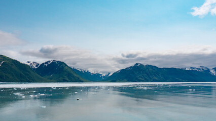 Glacier bay in beautiful nature. Mountain coast natural landscape. Hubbard Glacier nature