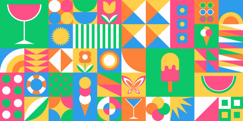 Summer geometric background. Seamless pattern with colorful simple shapes.