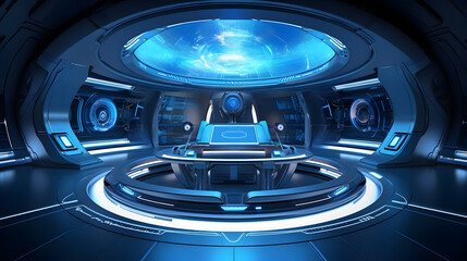 Futuristic Blue Interior Embracing Innovative Technology in Sleek Design - Generative AI 