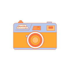 World Photography Day. August 19. Digital camera on white background. Retro groovy style. Holiday concept. Background, banner, card and poster. Vector illustration.