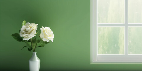 White rose flower and window with sun light copy space blurred background, AI Generated