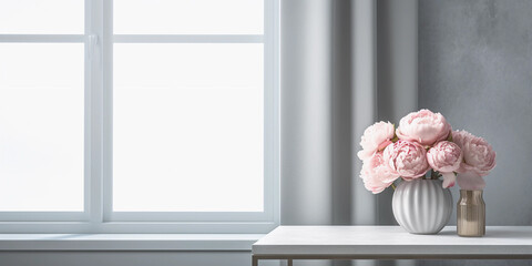 Pink peony flower and window with sun light copy space blurred background, AI Generated