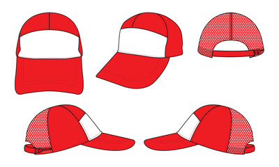 White-red baseball cap with adjustable slide plastic buckle zip design on white background, vector file