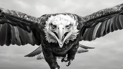 Herrschende Majestät: Ein Dramatisches Schwarz-Weiß-Porträt eines Adlers im Flug - obrazy, fototapety, plakaty