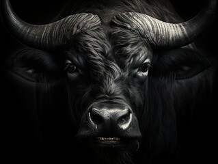 Naklejka premium Fotorealistisches Detailbild eines mächtigen Stierkopfes: Eine beeindruckende Darstellung von roher Stärke und unbezwingbarem Geist