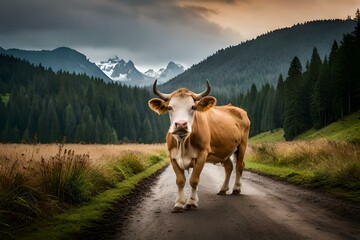 Fototapeta na wymiar cow walking on the road generated AI