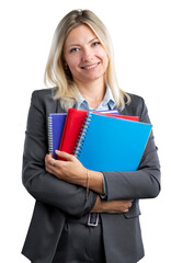 Happy saleswoman welcoming client standing in office with notebook.