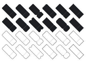 Set of Blank tickets or coupons with barcode, vector templates with copy space isolated on white background. event, airplane, train, circus, sport, football invitation illustration