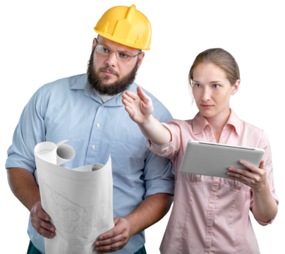 Architect woman with draft plan of building. Construction manager