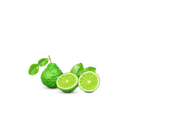 Full kaffir lime fruit  cut in half and with leaves PNG transparent
