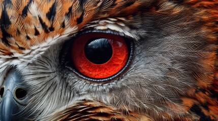 A closeup of an owl's eye and feathers - obrazy, fototapety, plakaty