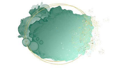 Pastel green modern watercolor brush stroke splash with luxury golden frame and glitter gold lines round contour frame for banner or logo wedding elements