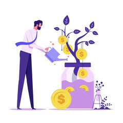 Financial or investment growth concept, businessman with watering can watering money plant increase earning profit and capital gain, success in wealth management