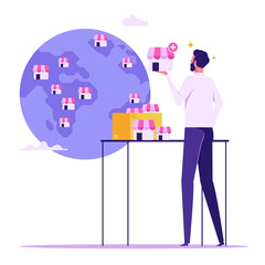 Franchise business opportunity to start or expand shop, selling shop license or growing business to global and international concept, businessman expand store fronts around the world