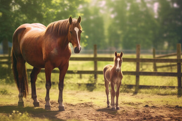 Fototapeta premium horse in a foggy meadow on a sunny day