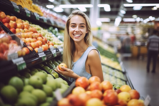 woman smiling and shopping in the supermarket, Vegetables and fruits on shelf, Generative AI image.