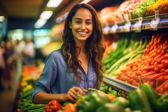 woman smiling and shopping in the supermarket, Vegetables and fruits on shelf, Generative AI image.