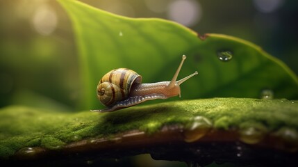 A tiny snail making its slow journey across a leaf - obrazy, fototapety, plakaty