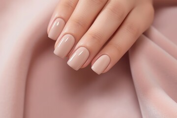 Closeup of woman hand with nude manicure. AI Generated - obrazy, fototapety, plakaty