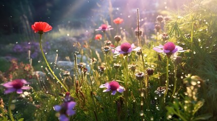 Beautiful wildflowers bathed in morning dew