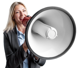 Young woman speaker scream in megaphone