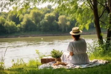 The curly woman rest in a picnic near the lake. AI Generative