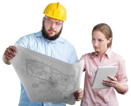 Architect woman with draft plan of building. Construction manager