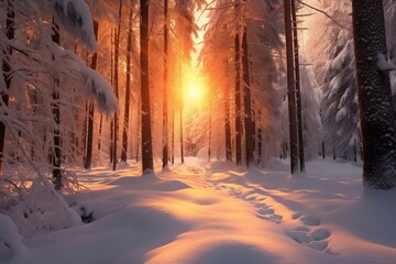 Golden Glow Winter Landscape with Setting Sun over Snowy Scenery. AI