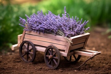 Rustic Charm Wooden Wheelbarrow with Fragrant Lavender Blooms. AI