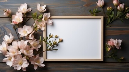 Naklejka na ściany i meble Black frame mockup with flowers on wooden background, Generative AI