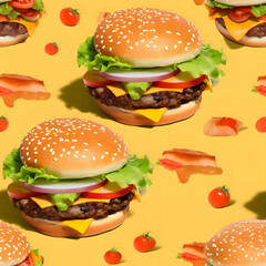 Many hamburgers on a yellow background.