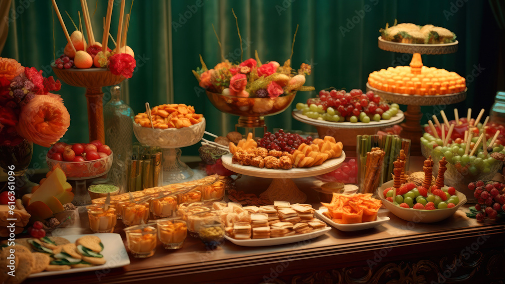 Poster catering buffet with different kinds of snacks and appetizers. generative ai