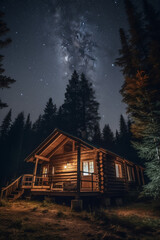 Starry night above wooden cabin in the forest generative AI