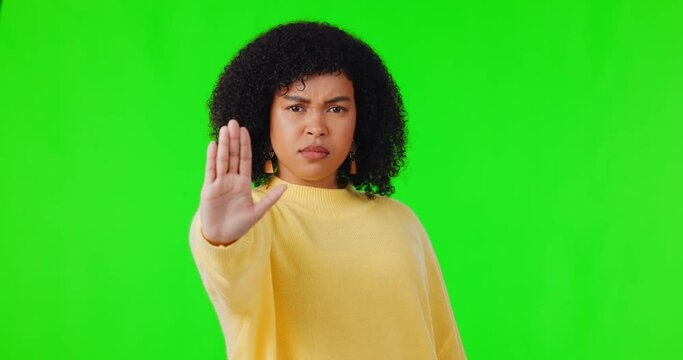 Woman, scream stop and hand gesture on green screen, censored and warning on studio background. Danger, female person yelling and emoji, voice and protest with mockup space, problem and conflict