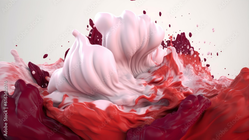 Poster 3d render of colorful paint splashing isolated on white background. generative ai