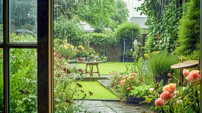Fototapeta photographic view out of a window into a rainy  garden