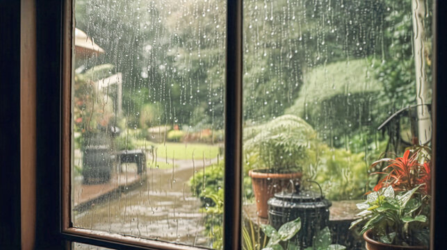 photographic view out of a window into a rainy  garden
