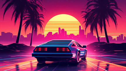 Fototapeta na wymiar 80s retro illustration car driving with sunset view. Synthwave 80s Vibes