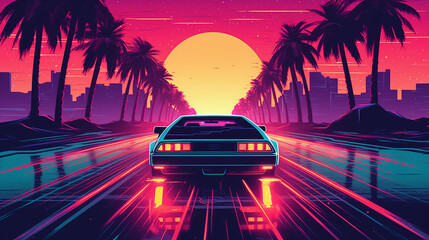80s retro illustration car driving with sunset view. Synthwave 80s Vibes
